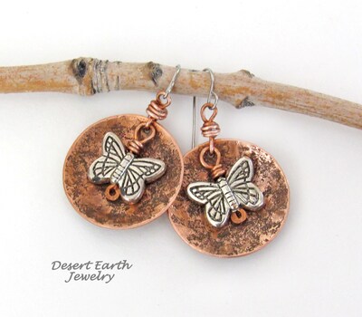 Round Copper Dangle Earrings with Silver Tone Butterflies - Earthy Nature Jewelry Gifts for Women and Teen Girls - image1